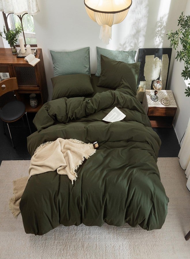 FOSSA Duvet Cover Set 100% Washed Cotton Linen Feel Super Soft Breathable Cozy 3 Pieces Bedding Sets Solid Olive Green Full/Double - Image 4