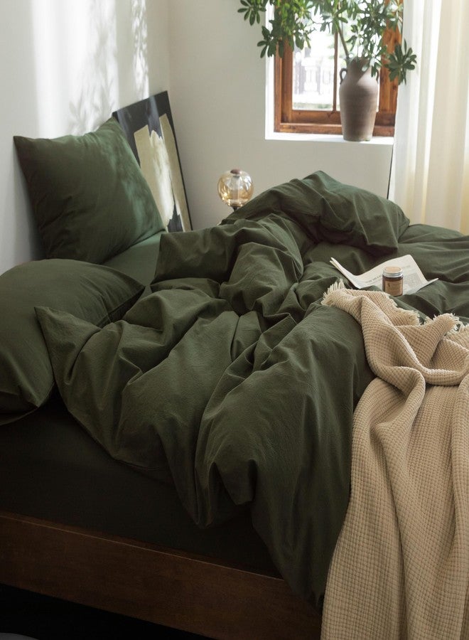 FOSSA Duvet Cover Set 100% Washed Cotton Linen Feel Super Soft Breathable Cozy 3 Pieces Bedding Sets Solid Olive Green Full/Double - Image 3