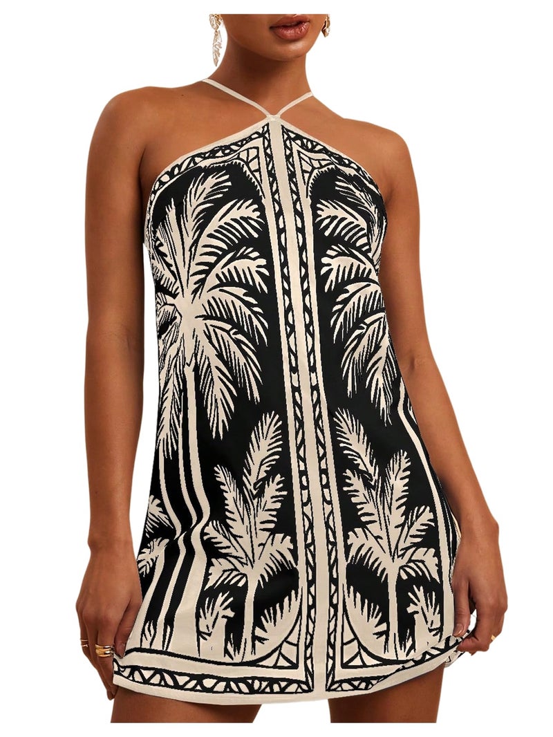 MakeMeChic Women's Backless Dress Tropical Vacation Outfits Halter Cami Summer Boho Beach Mini Dresses Black Medium - Image 1