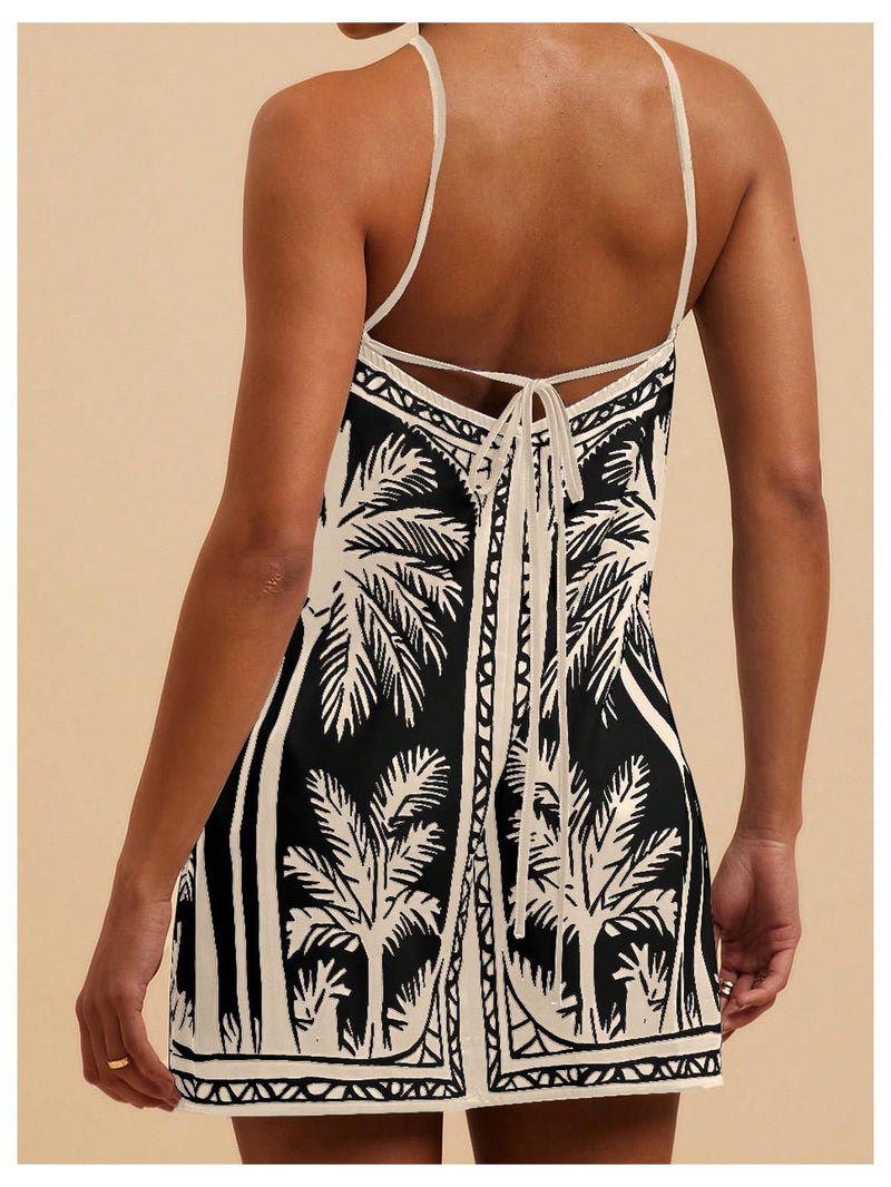 MakeMeChic Women's Backless Dress Tropical Vacation Outfits Halter Cami Summer Boho Beach Mini Dresses Black Medium - Image 3