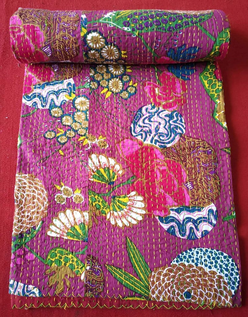 Textile export creations إبداعات تصدير الأقمشة إبداعات تقليدية عرقية قنطة هندية مفروشات فردية زمردية من القطن استوائي فواكه مخيطة يدويًا غطاء سرير بواسطة إبداعات تصدير الأقمشة 90x60 بوصة - Image 1
