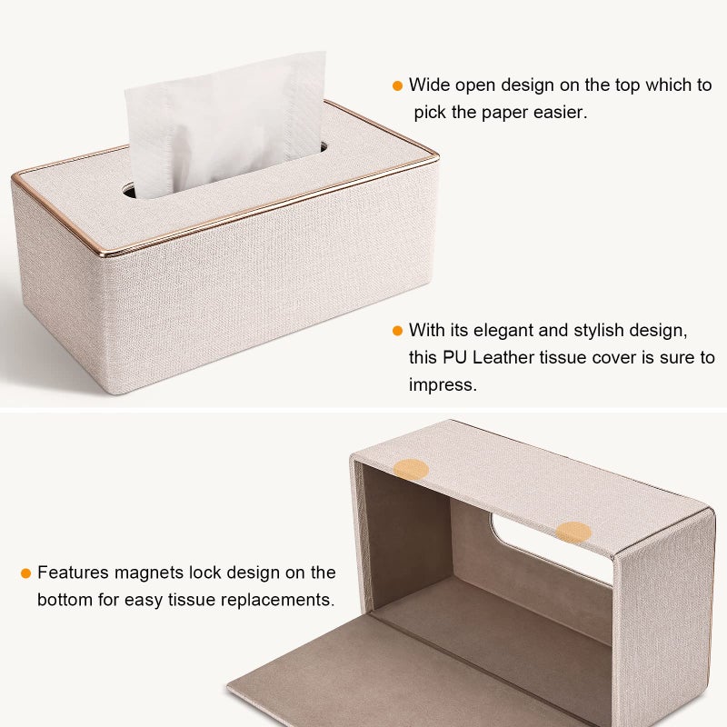 GORESE Tissue Box Cover, PU Leather Tissue Box Holder, Rectangular Tissue Box Covers for Kleenex, Napkin, Rectangle Tissue Holder for Bathroom Home Office 9.84"X5.23"X3.77" Beige - Image 4