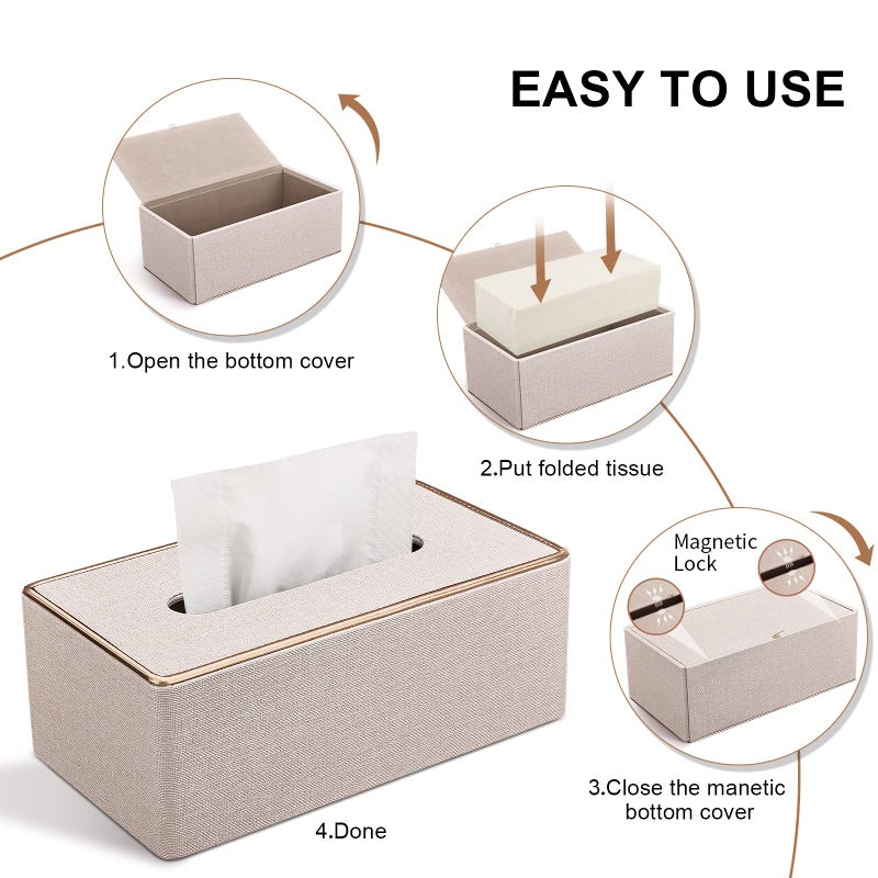 GORESE Tissue Box Cover, PU Leather Tissue Box Holder, Rectangular Tissue Box Covers for Kleenex, Napkin, Rectangle Tissue Holder for Bathroom Home Office 9.84"X5.23"X3.77" Beige - Image 5