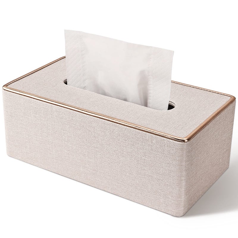 GORESE Tissue Box Cover, PU Leather Tissue Box Holder, Rectangular Tissue Box Covers for Kleenex, Napkin, Rectangle Tissue Holder for Bathroom Home Office 9.84"X5.23"X3.77" Beige - Image 1