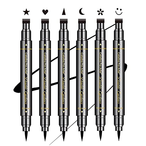 Sumeitang SUMEITANG 6 Pcs Doubleheaded Eyeliner Stamps Set Black Liquid Eye Liner Pen With StarMoonHeartFlowerSmileyTriangle Stamp Stencils Shapes for Women Makeup Kit LongLasting Waterproof Smudgeproof