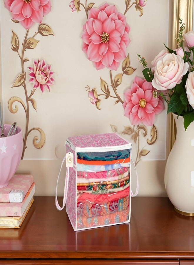 SHAPING FABRIC Pink Floral Fabric Saree Storage Bag with Transparent Front & Zipper Closure – Pack of 01 SNW-429 - Image 1