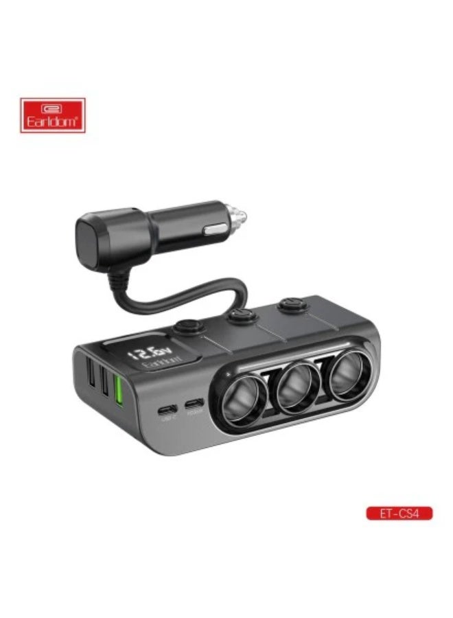 Earldom ES-CS4 3-Way Car Charger with Dual Type-C & Multi USB Ports, 36W PD Fast Charging, LED Display, Compatible with 12V–24V Cars, Trucks & SUVs, Sleek Black Design - Image 1