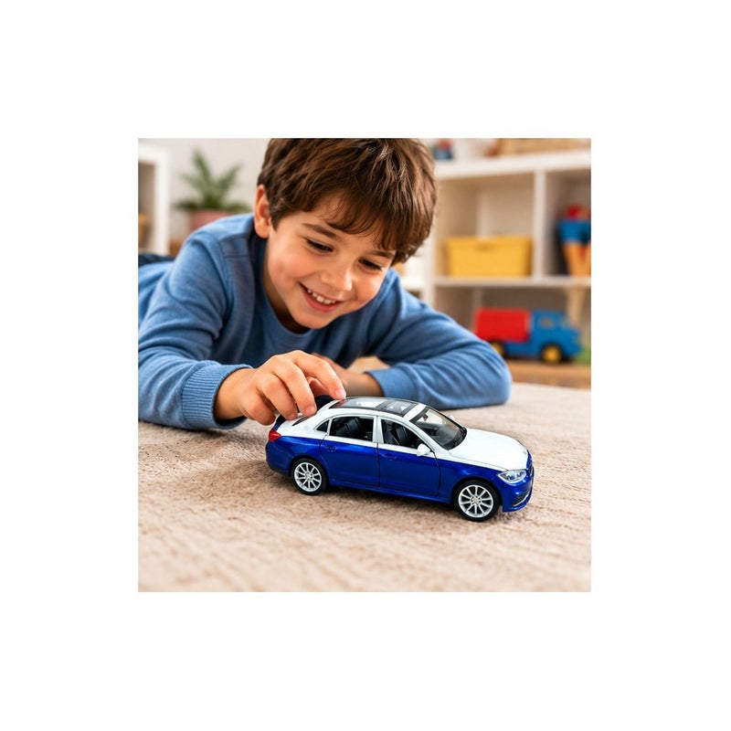 Drive & Play | Die-Cast Toy Car for Young Players, Blue and White Sedan Model with Display Case - Image 3