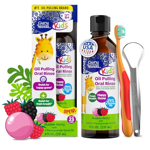 GuruNanda Kids Oil Pulling, Alcohol-Free Mouthwash, Essential Oils & Vitamins for Fresh Breath & Happy Gums for Ages 6 & up, Natural Bubble Berry, 8 Oz - Image 1