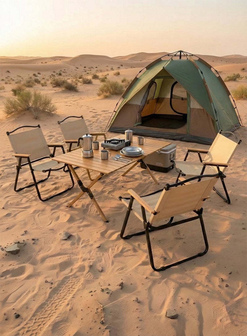 M-Smart 5-Piece Camping Set | Portable Folding Camping Table with Carrying Bag 90x60x45cm and 4 Folding Chairs with Black Metal Frame and Armrests - Beige - Image 1