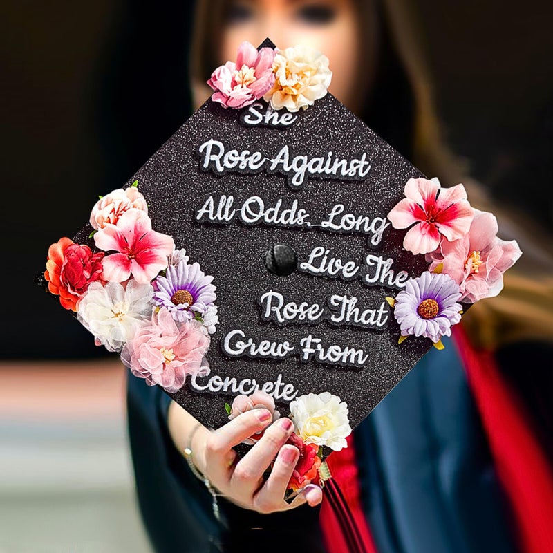 GRADWYSE Once Upon A Time Handmade Graduation Cap Topper Gift For Her, Graduation Cap Decorations, She Rose Against All Odds (Black) - Image 2