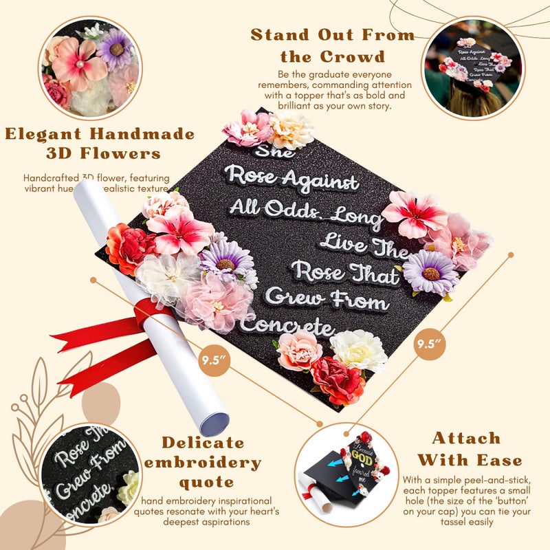 GRADWYSE Once Upon A Time Handmade Graduation Cap Topper Gift For Her, Graduation Cap Decorations, She Rose Against All Odds (Black) - Image 3