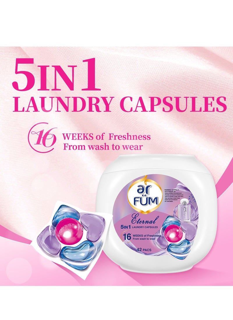 ar FUM - ArFum PODS, 5-in-1 Laundry Detergent Capsules with Scent Booster, Detergent Concentrate, Softener, Color Protect, Powerful Stain Remover in 1 capsule, 16 Weeks Long-Lasting Fragrance, 42 Pods, Eternal - Image 1