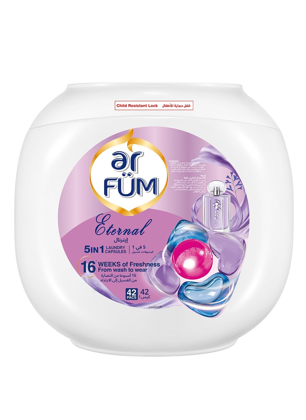 ar FUM ArFum PODS, 5-in-1 Laundry Detergent Capsules with Scent Booster, Detergent Concentrate, Softener, Color Protect, Powerful Stain Remover in 1 capsule, 16 Weeks Long-Lasting Fragrance, 42 Pods, Eternal 