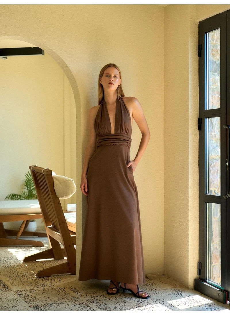 Juste Draped Linen Long Dress Brown