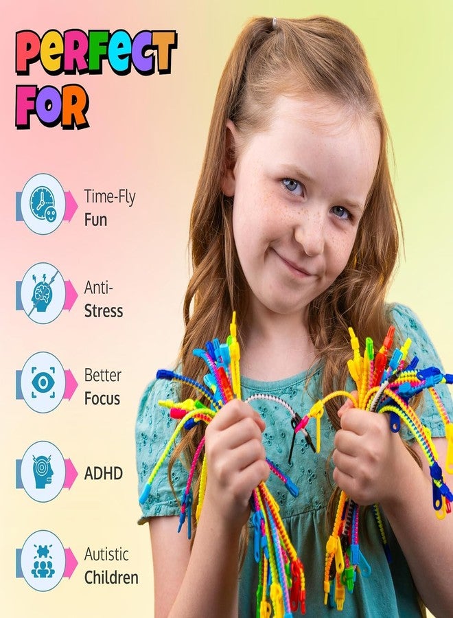 UpBrands 48 Fidget Toys Friendship Zipper Bracelets 7 ½”, Party Favors for Kids, Sensory Bulk Set Neon Colors, Kit for Valentines, Birthday, Goodie Bag, Easter Egg Basket Stuffers, Pinata Fillers - Image 2