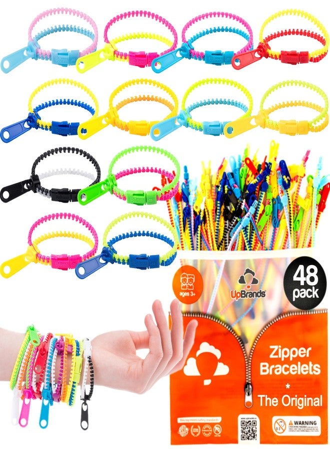 UpBrands 48 Fidget Toys Friendship Zipper Bracelets 7 ½”, Party Favors for Kids, Sensory Bulk Set Neon Colors, Kit for Valentines, Birthday, Goodie Bag, Easter Egg Basket Stuffers, Pinata Fillers - Image 1