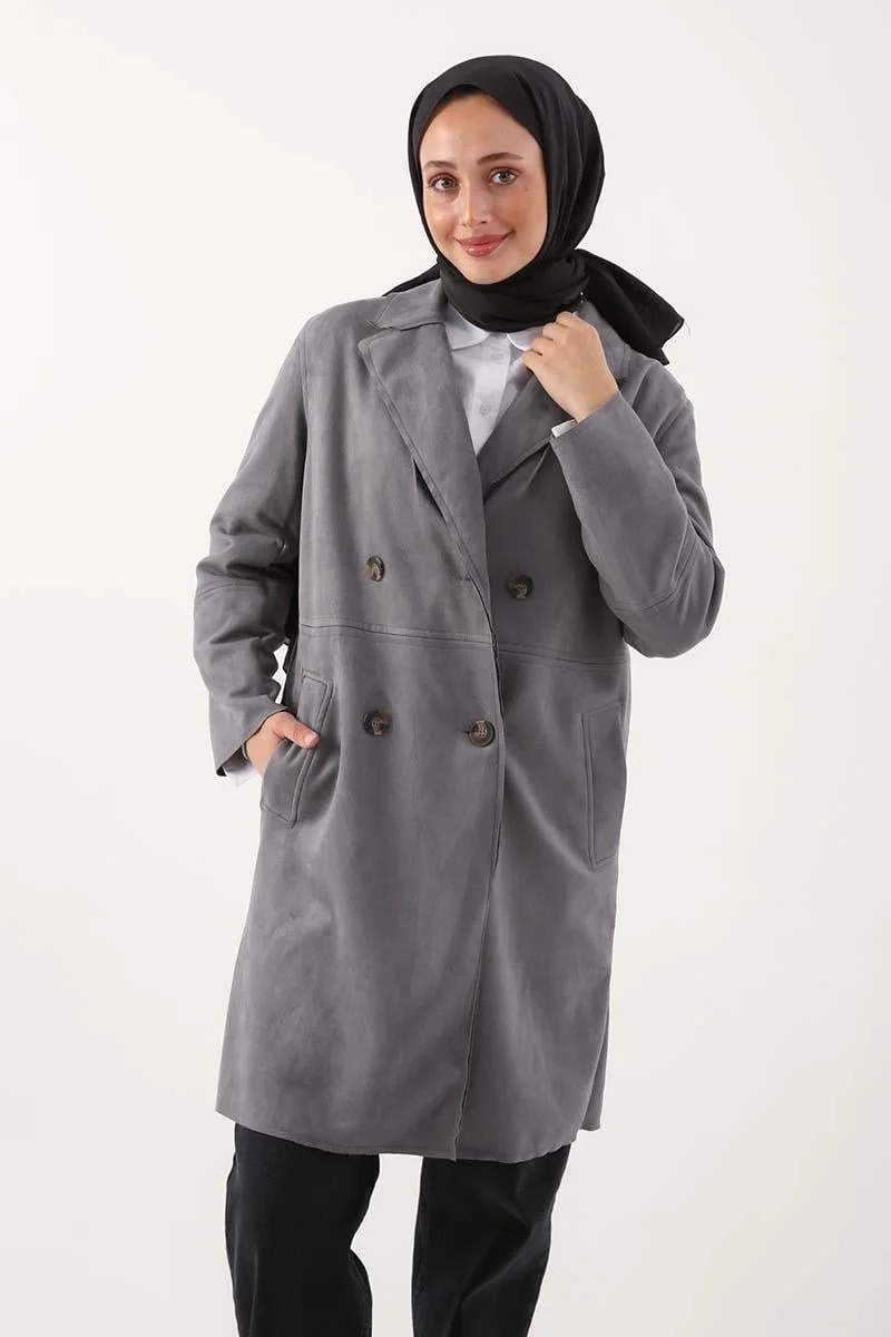 Allday Grey-Suede Double Breasted Blazer Jacket