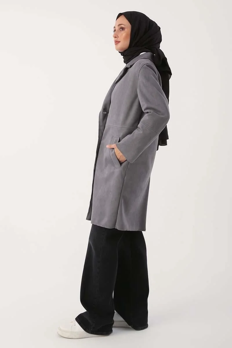 Allday Grey-Suede Double Breasted Blazer Jacket