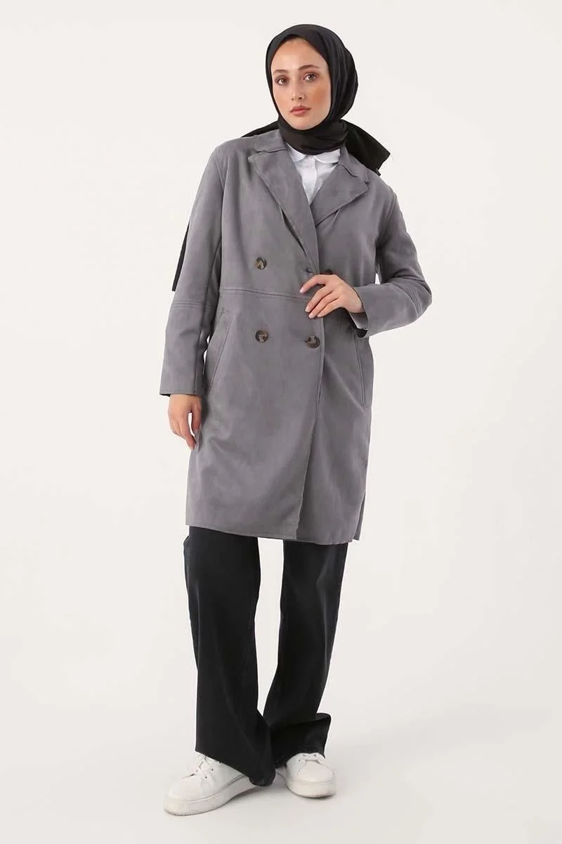 Allday Grey-Suede Double Breasted Blazer Jacket