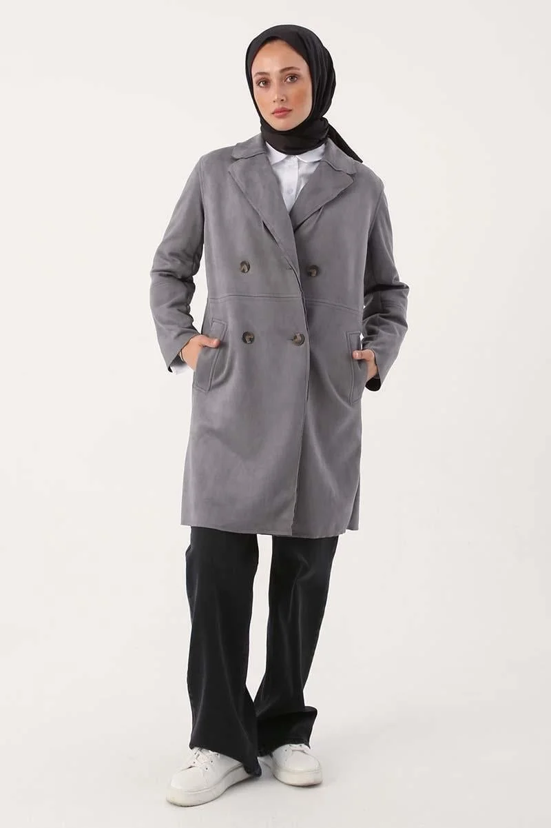 Allday Grey-Suede Double Breasted Blazer Jacket