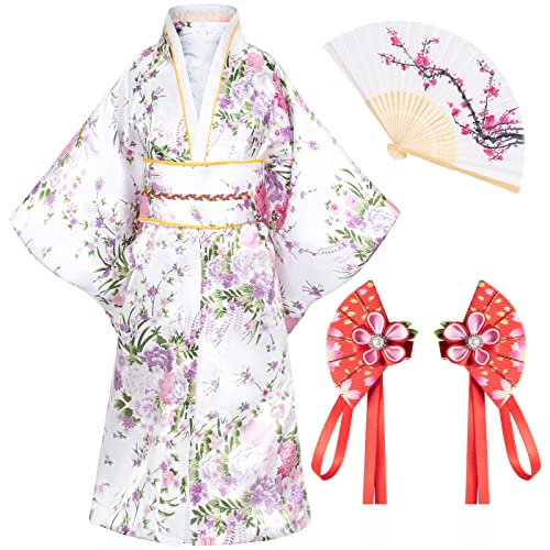 Elibelle Japanese Traditional Dress Kimono Robe for Kids Girls Costume Silk Folding Fans hairstick Set(White150cm) - Image 2