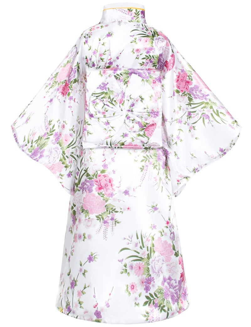 Elibelle Japanese Traditional Dress Kimono Robe for Kids Girls Costume Silk Folding Fans hairstick Set(White150cm) - Image 4