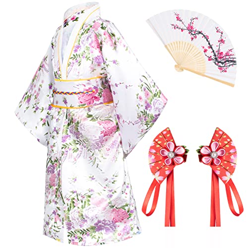 Elibelle Japanese Traditional Dress Kimono Robe for Kids Girls Costume Silk Folding Fans hairstick Set(White150cm) - Image 1