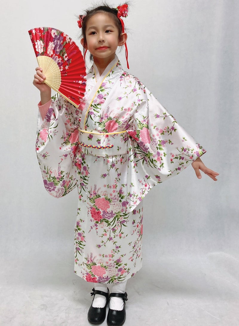 Elibelle Japanese Traditional Dress Kimono Robe for Kids Girls Costume Silk Folding Fans hairstick Set(White150cm) - Image 3