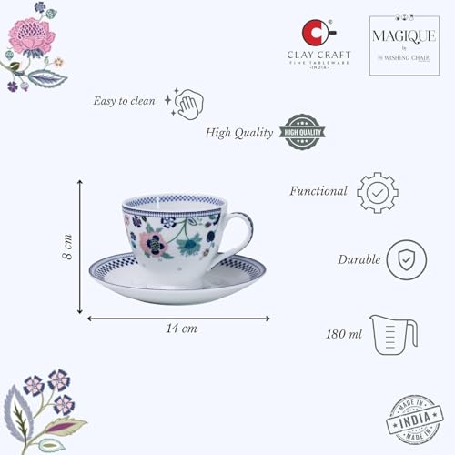 Clay Craft x Magique by The Wishing Chair : Indigo Chintz - Tea Cups & Saucers Set of 6 | 180 ml Fine Ceramic Floral Cups | Elegant Glossy Finish | Ideal for Gifting & Home Use - Image 2
