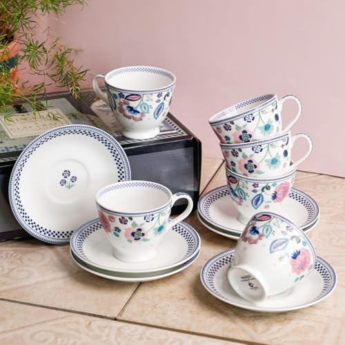 Clay Craft x Magique by The Wishing Chair : Indigo Chintz - Tea Cups & Saucers Set of 6 | 180 ml Fine Ceramic Floral Cups | Elegant Glossy Finish | Ideal for Gifting & Home Use - Image 1