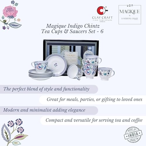 Clay Craft x Magique by The Wishing Chair : Indigo Chintz - Tea Cups & Saucers Set of 6 | 180 ml Fine Ceramic Floral Cups | Elegant Glossy Finish | Ideal for Gifting & Home Use - Image 3