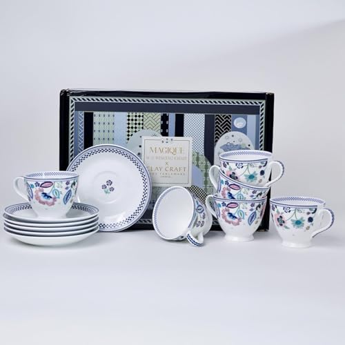 Clay Craft x Magique by The Wishing Chair : Indigo Chintz - Tea Cups & Saucers Set of 6 | 180 ml Fine Ceramic Floral Cups | Elegant Glossy Finish | Ideal for Gifting & Home Use - Image 4