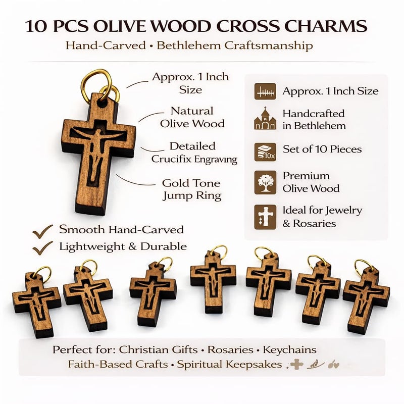 Zuluf 10 Olive Wood Catholic Cross Pendants â€“ Handmade Holy Land Wooden Crucifix Charms for Rosary Making, Necklaces & Christian Gifts â€“ PEN225 - Image 2