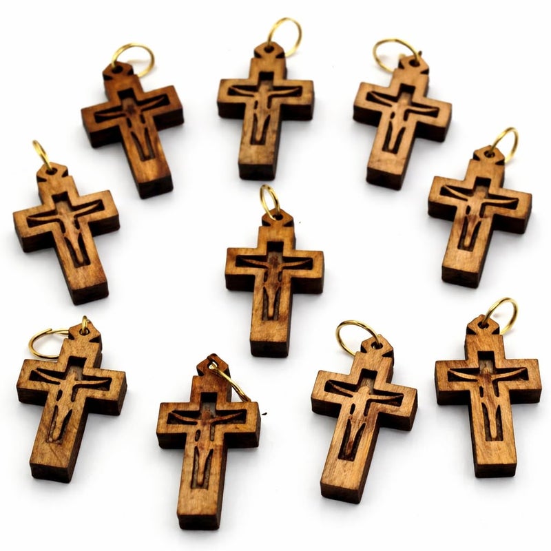 Zuluf 10 Olive Wood Catholic Cross Pendants â€“ Handmade Holy Land Wooden Crucifix Charms for Rosary Making, Necklaces & Christian Gifts â€“ PEN225 - Image 1