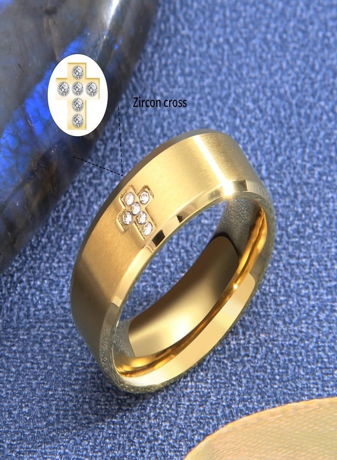 SYDNFZY Mens Wedding Band Ring - 8mm Stainless Steel Engagement Promise Rings for Men Women, Cross Classic Ring with Princess Cut Cubic Zirconia for Men Jewelry Gift Ring Size 6 7 8 9 10 11 (Gold, 9) - Image 4