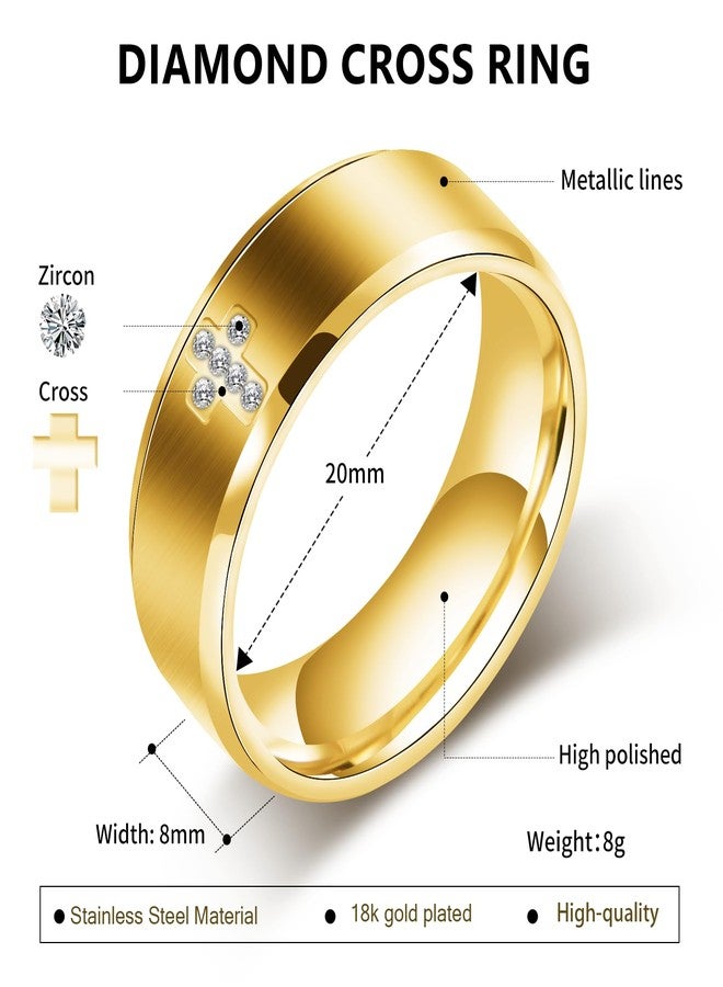 SYDNFZY Mens Wedding Band Ring - 8mm Stainless Steel Engagement Promise Rings for Men Women, Cross Classic Ring with Princess Cut Cubic Zirconia for Men Jewelry Gift Ring Size 6 7 8 9 10 11 (Gold, 9) - Image 2