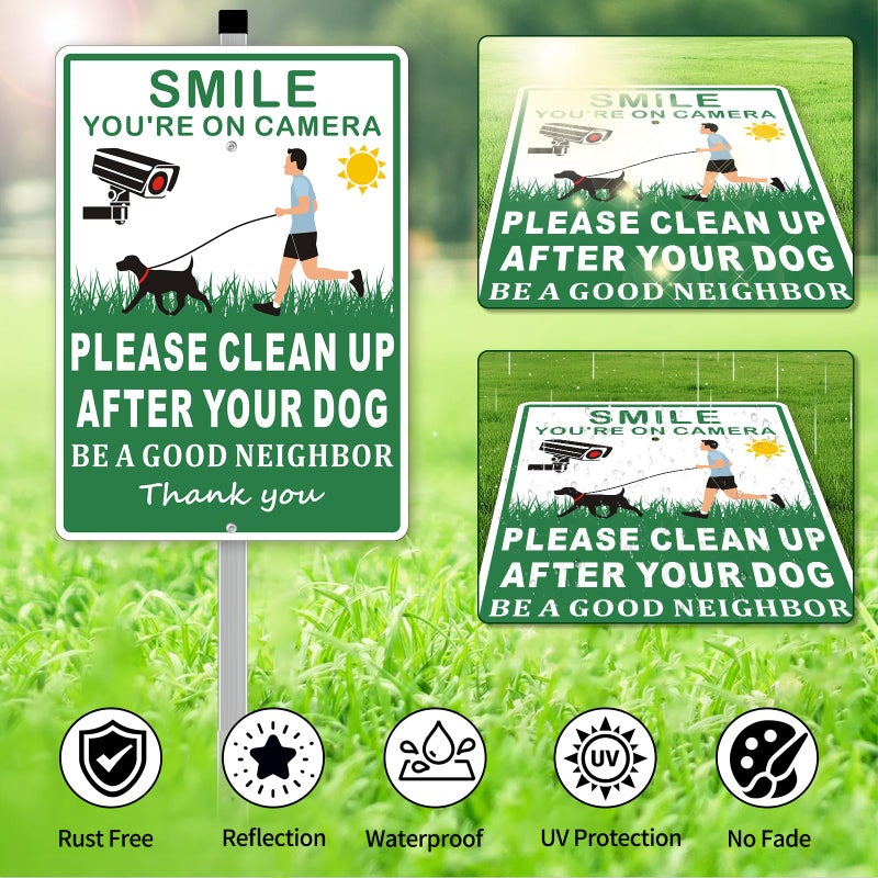 Frohllia (2 Pack) Clean Up After Your Dog Signs, Please Pick Up After Your Dog Sign for Yard, No Pooping Dogs Signage for Yards, 8x28 Heavy Duty Aluminum Weather Resistant and Easy to Install with Stake (Green) - Image 4