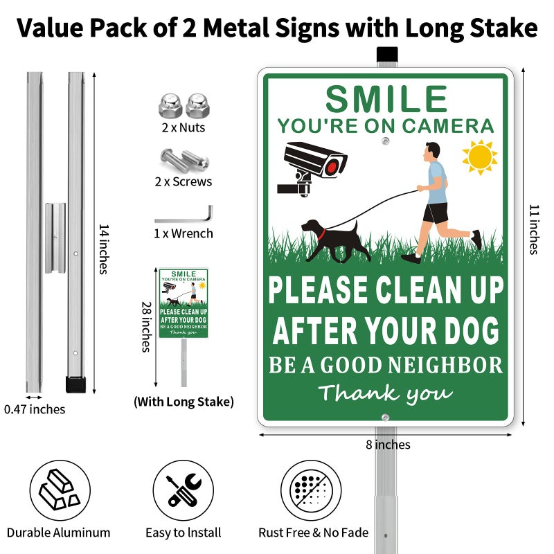Frohllia (2 Pack) Clean Up After Your Dog Signs, Please Pick Up After Your Dog Sign for Yard, No Pooping Dogs Signage for Yards, 8x28 Heavy Duty Aluminum Weather Resistant and Easy to Install with Stake (Green) - Image 2