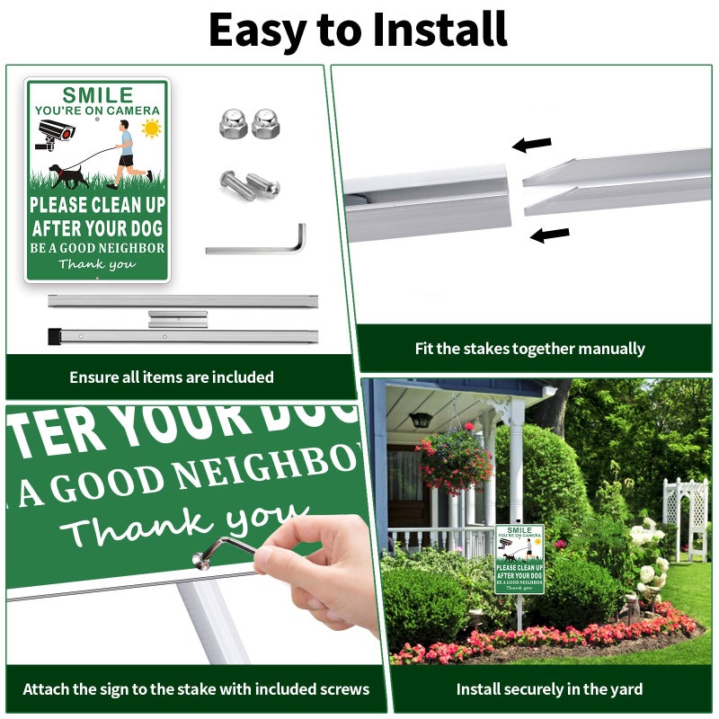 Frohllia (2 Pack) Clean Up After Your Dog Signs, Please Pick Up After Your Dog Sign for Yard, No Pooping Dogs Signage for Yards, 8x28 Heavy Duty Aluminum Weather Resistant and Easy to Install with Stake (Green) - Image 5