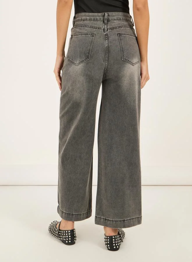 Styli High Rise Wide Leg Faded Jeans