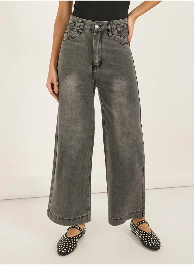 Styli High Rise Wide Leg Faded Jeans