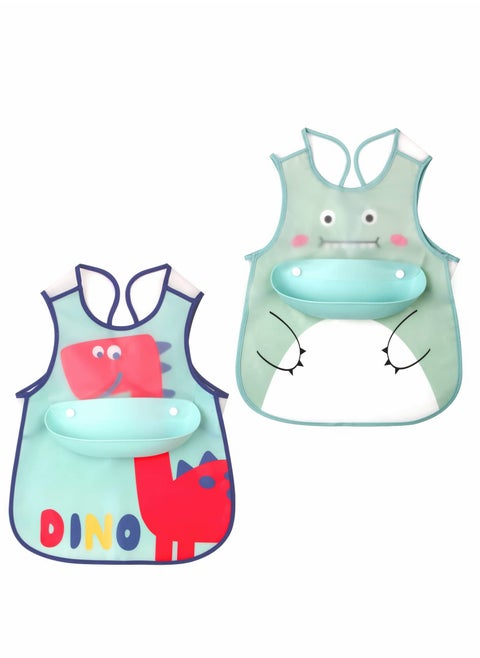 Waterproof Baby Bibs, Toddler Waterproof Bib Set with Crumb Catcher Pocket, Vest Type with Adjustable Easy Wear, Removable Stay-open Catch Tray, Bib from 6 Months to 3 Years Old