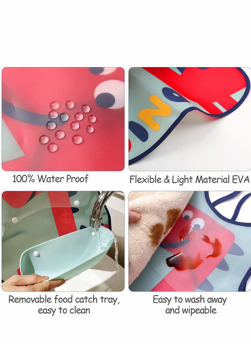 Waterproof Baby Bibs, Toddler Waterproof Bib Set with Crumb Catcher Pocket, Vest Type with Adjustable Easy Wear, Removable Stay-open Catch Tray, Bib from 6 Months to 3 Years Old