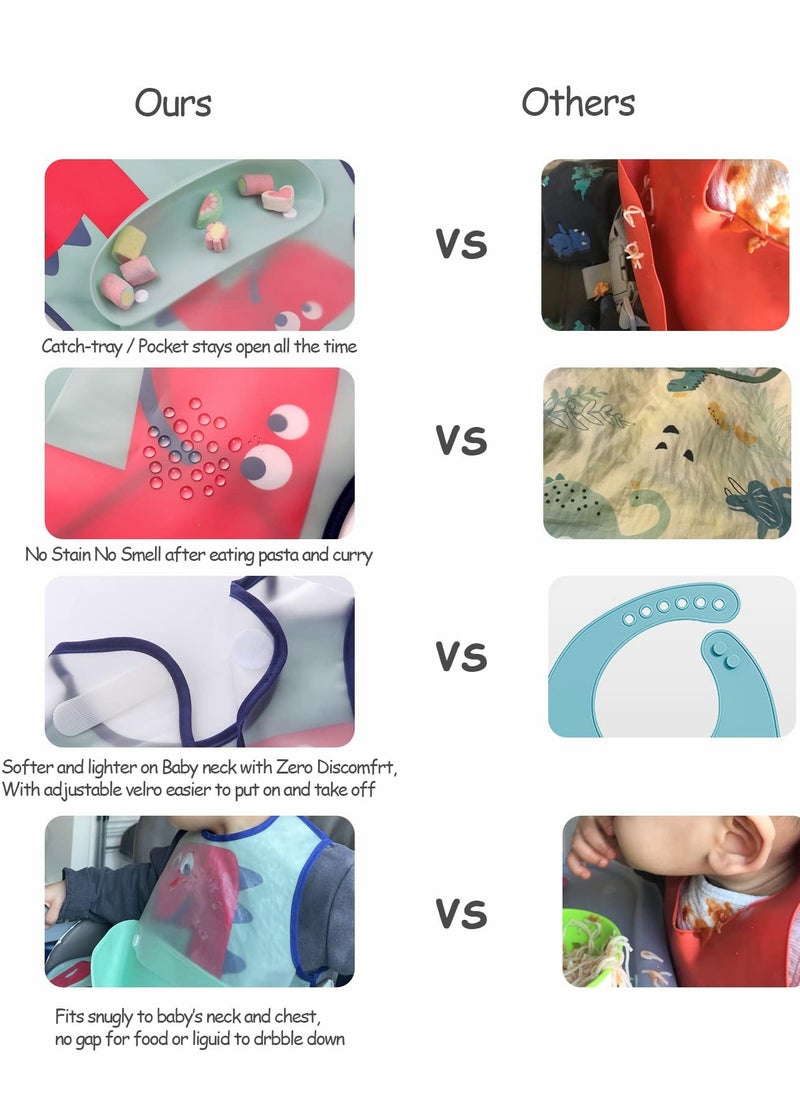 Waterproof Baby Bibs, Toddler Waterproof Bib Set with Crumb Catcher Pocket, Vest Type with Adjustable Easy Wear, Removable Stay-open Catch Tray, Bib from 6 Months to 3 Years Old