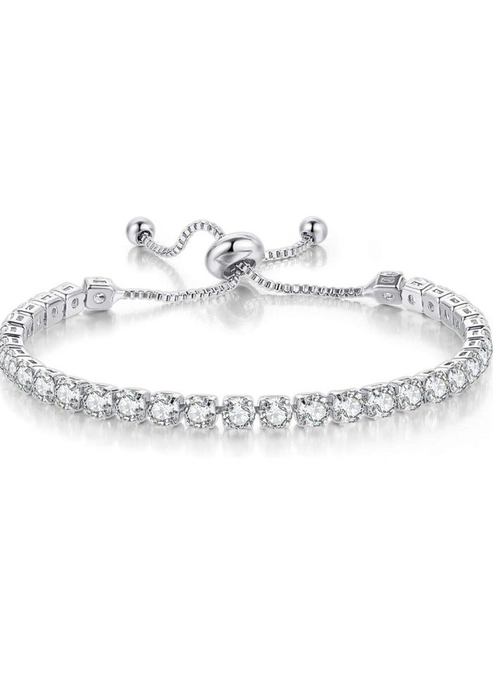 Bracelets for Women White Gold Plated Diamond AAA+ Cubic Zirconia CZ Dainty Classic Adjustable Slider Bracelet Silver Fashion Jewelry Wedding Gift - Image 1