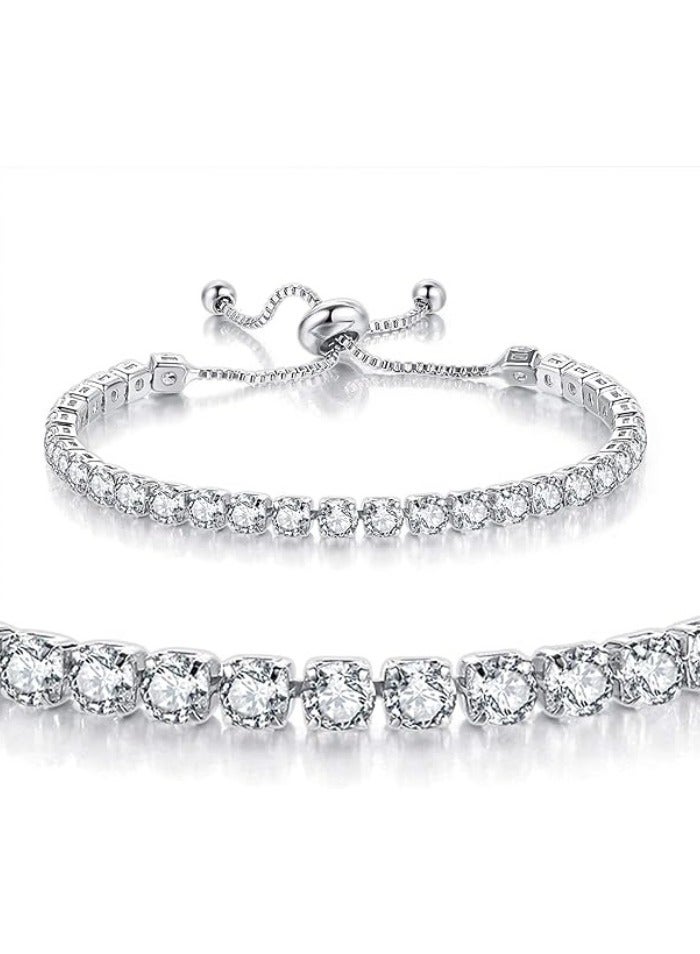 Bracelets for Women White Gold Plated Diamond AAA+ Cubic Zirconia CZ Dainty Classic Adjustable Slider Bracelet Silver Fashion Jewelry Wedding Gift - Image 2