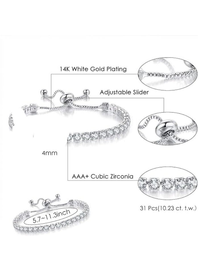 Bracelets for Women White Gold Plated Diamond AAA+ Cubic Zirconia CZ Dainty Classic Adjustable Slider Bracelet Silver Fashion Jewelry Wedding Gift - Image 4