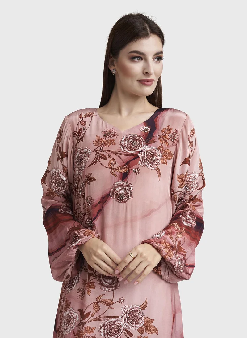 كشخة Old Rose Viscose Crepe Floral Print Old Rose Floral Print Dress with Hand Work (VDM934)