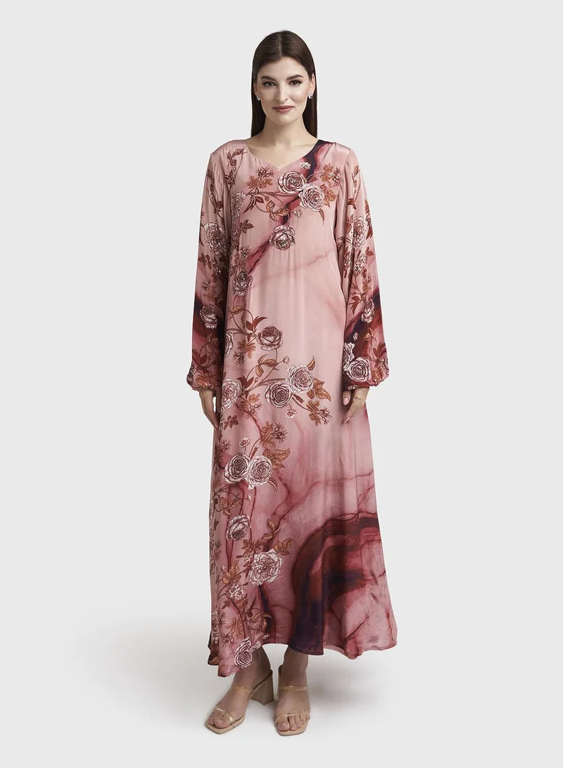 كشخة Old Rose Viscose Crepe Floral Print Old Rose Floral Print Dress with Hand Work (VDM934)